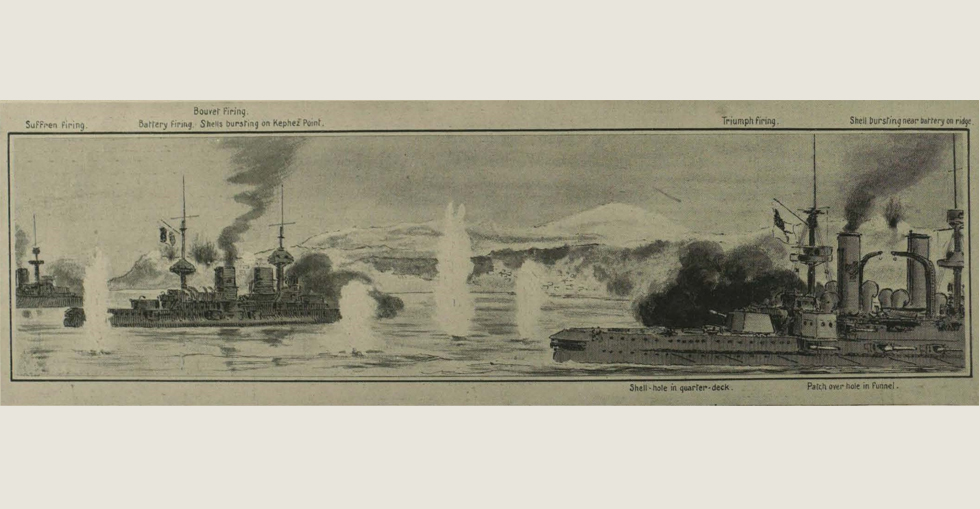 The 'Triumph' come up to support the French ships, the 'Suffren' and 'Bouvet' at about 12.45pm on 18 March