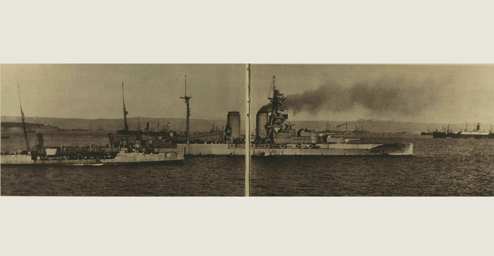 The 'Queen Elizabeth' in the Dardanelles bombarding forts on Cape Helles, covering the advance of the Allied troops