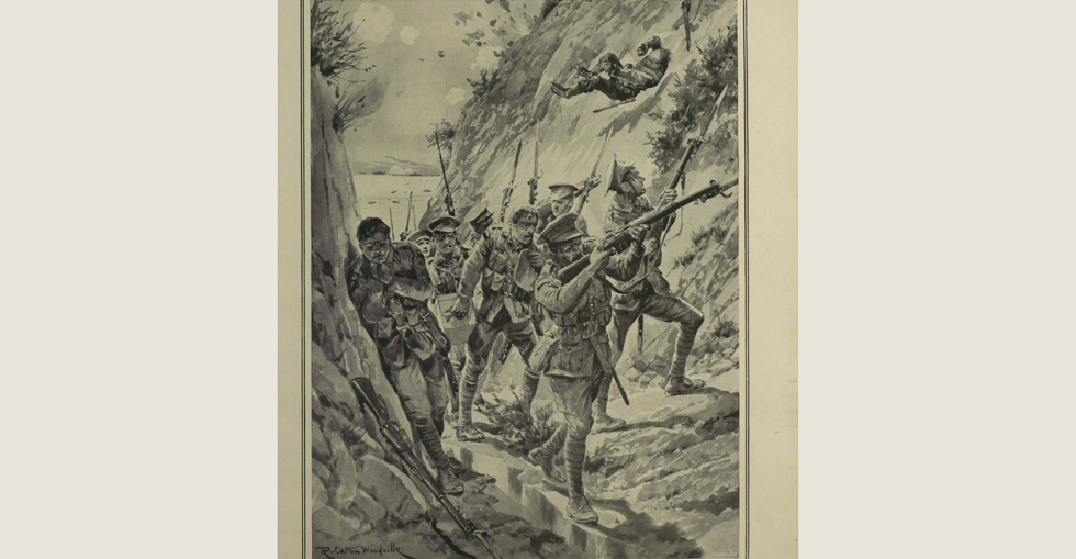 Reserves of the 3rd Australian Brigade battling their way up a narrow ravine with ammunition supplies and maxims