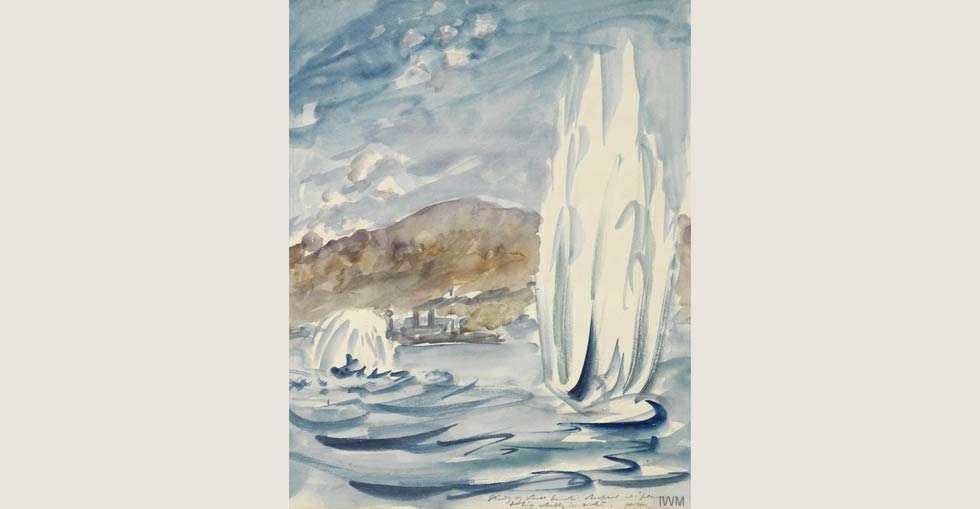 Two huge splashes in the sea where Turkish artillery shells have fallen on 8 May 1915. Beyond these is a Royal Navy warship with the steep-sided Gallipoli coastline in the background. Painted by Herbert Hillier.