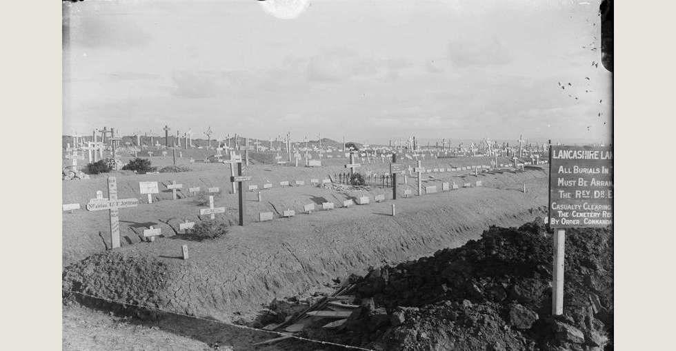 British cemetery at Lancashire Landing, W Beach, Cape Helles. The grave on the far left is of Gunner Frederick Hugh Joynson of the 90th Heavy Battery, Royal Garrison Artillery.