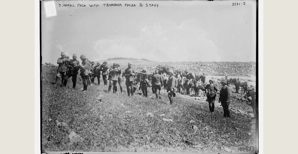Ottoman Turkish leader Cemal Pasha with German military officer Bruno von Trommer Pasha and staff during WW1