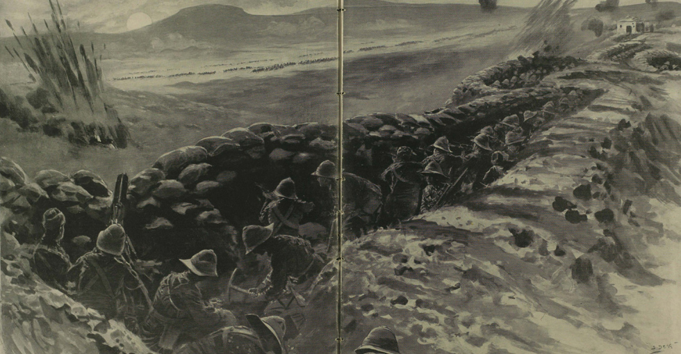 British troops repulsing a Turkish attack on Yilghin Burnu, nicknamed 'Chocolate Hill' because of its burnt colour