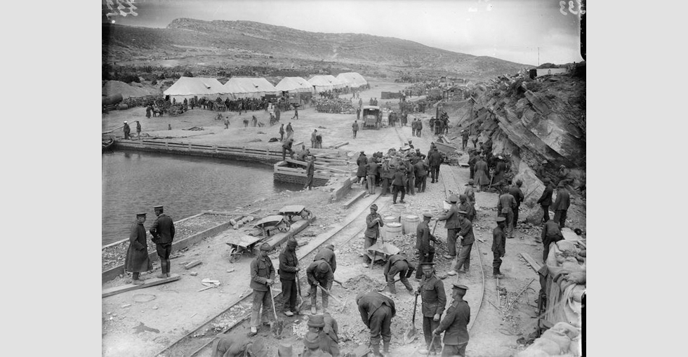 Construction work in progress on a beach in Suvla Bay.
