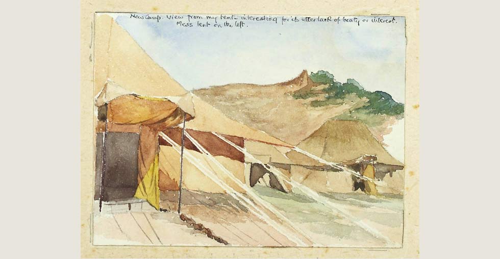 New camp. View from Chichester's tent - interesting for its utter lack of beauty or interest. Mess tent on the left.