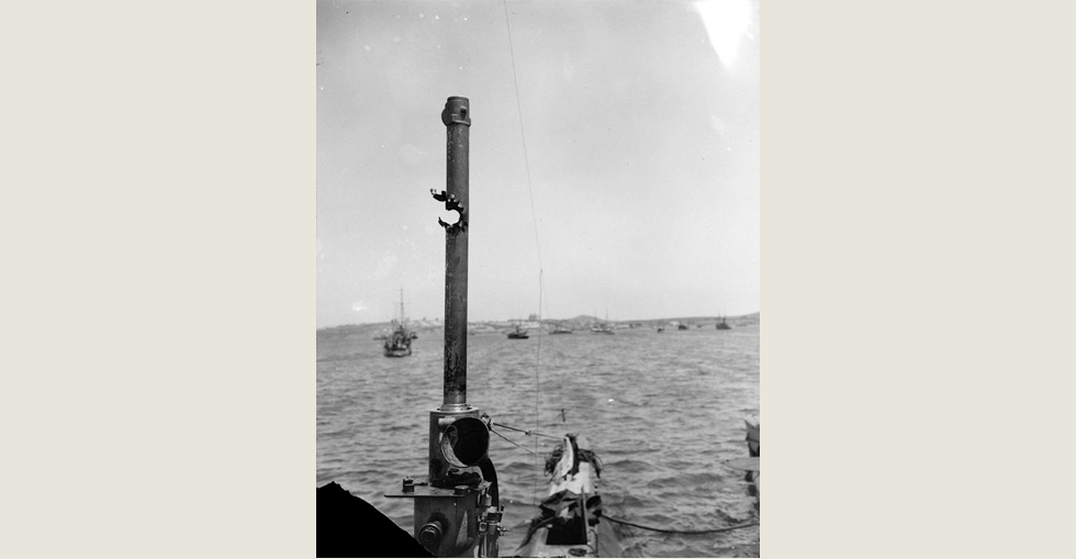 A close up of the damaged periscope of submarine HMS E ll.