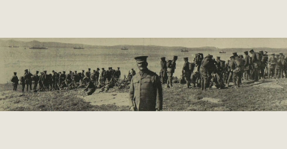Australian troops preparing to embark on the last stage of their voyage to the Gallipoli Peninsula