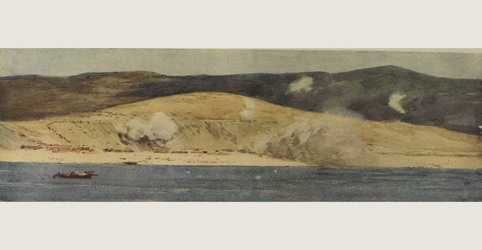 One of the landing places at Suvla bay - 'C' Beach and Lala Baba, showing high explosive shells bursting among the stores