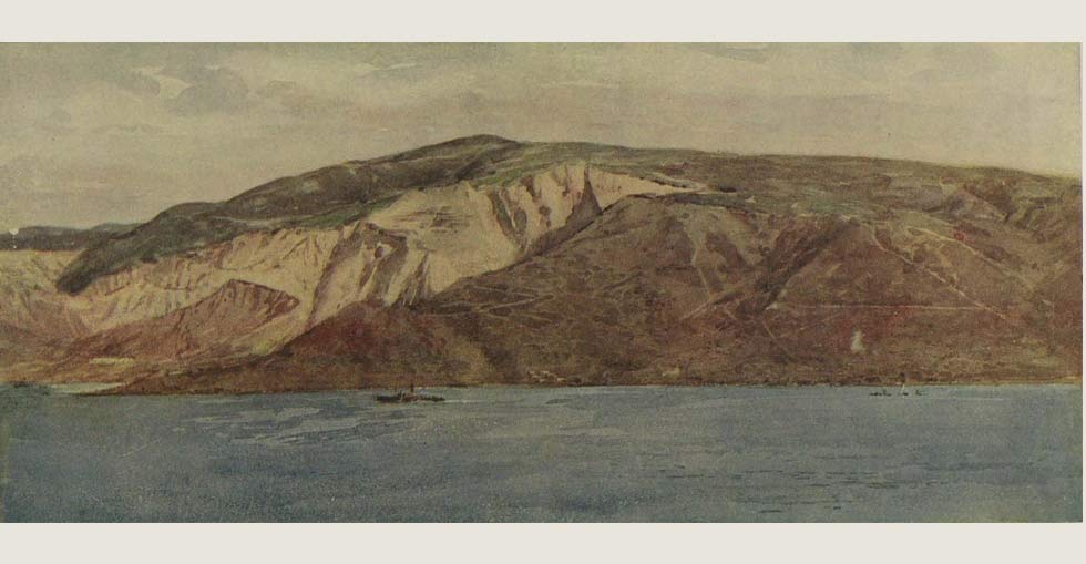 A view of ANZAC from the sea, looking from the south, showing the formidable cliffs which the troops scaled.