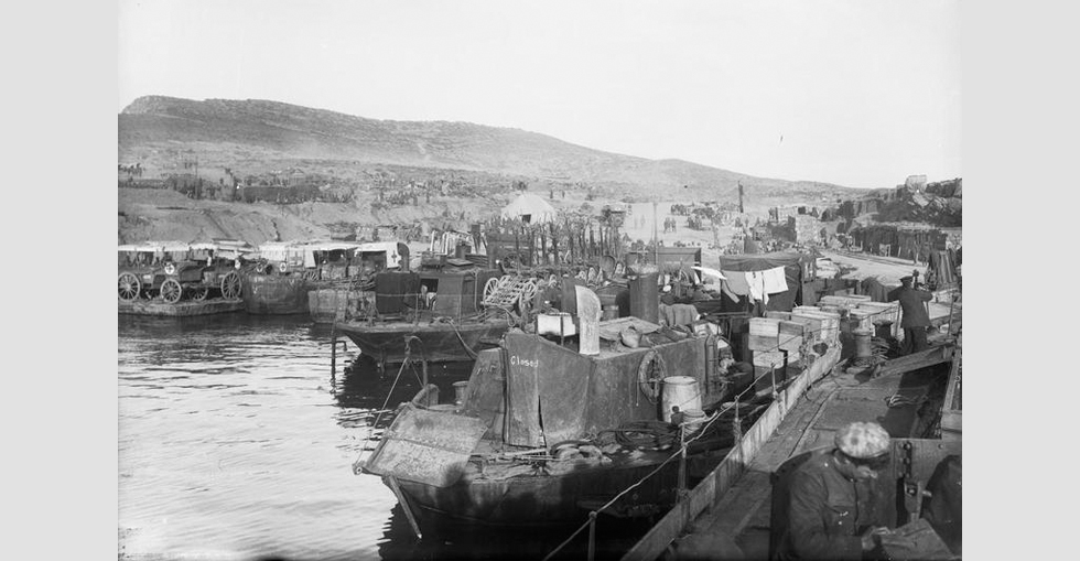 Loaded 'Beetles' in the harbour at 'A' West Beach, Suvla Point