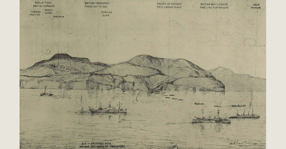 A Turkish shell bursting beside a British transport vessel during the bombardment of Krithia