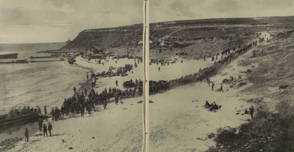 Men of the 'Queen Elizabeth' and the Naval Division hauling a heavy gun ashore on the Gallipoli Peninsula