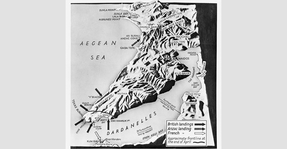 Map showing Gallipoli landings from 25 April 1915