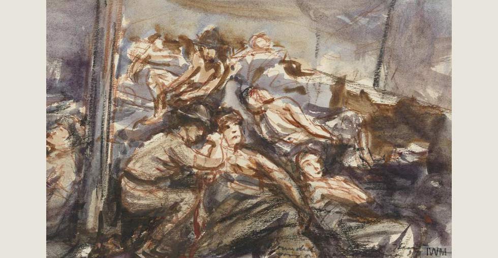 A group of wounded soldiers sitting below deck on a ship by Herbert Hillier