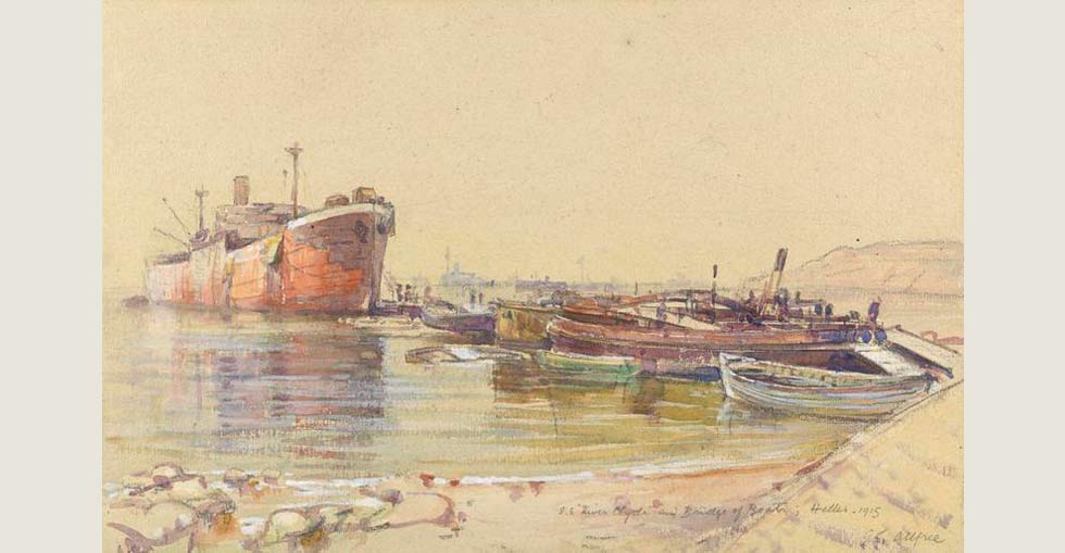 SS River Clyde run ashore with a gangway constructed from a bridge of boats stretching down onto the beach. Painted by Geoffrey Stephen Allfree