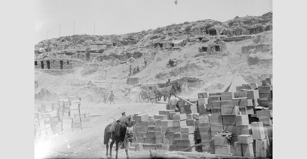 Stores and dugouts at 'W' Beach.